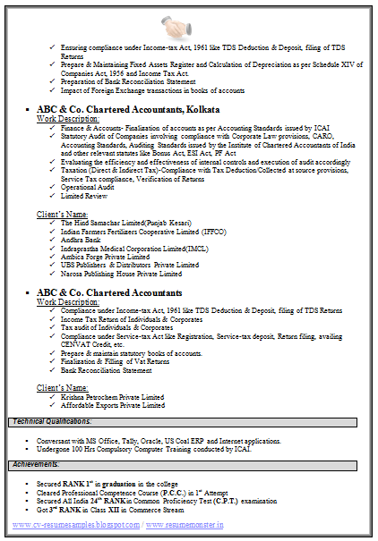 Indian chartered accountant resume format